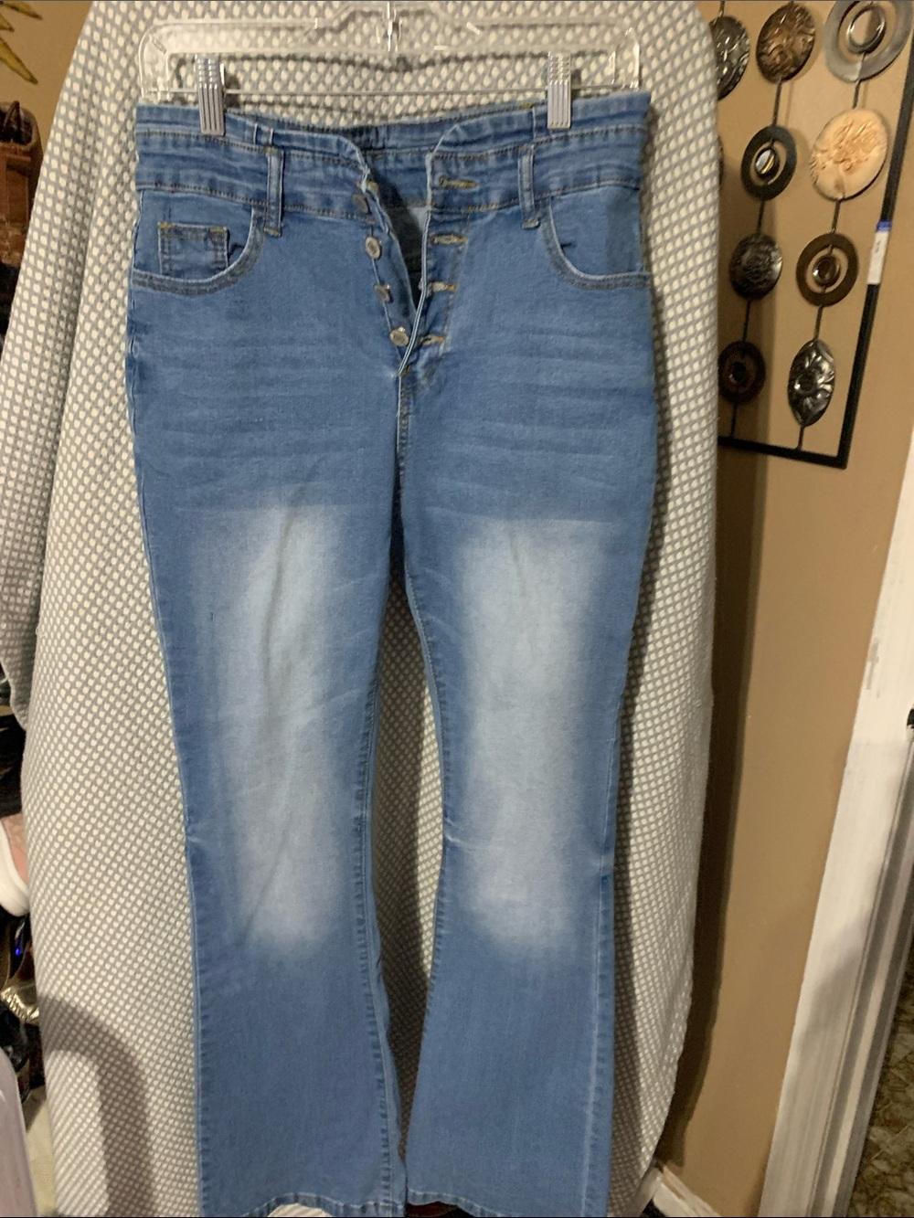Light Blue Button-Fly Flare Jeans